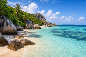Anse Source d’Argent beach in Seychelles with granite rocks and crystal clear shallow water